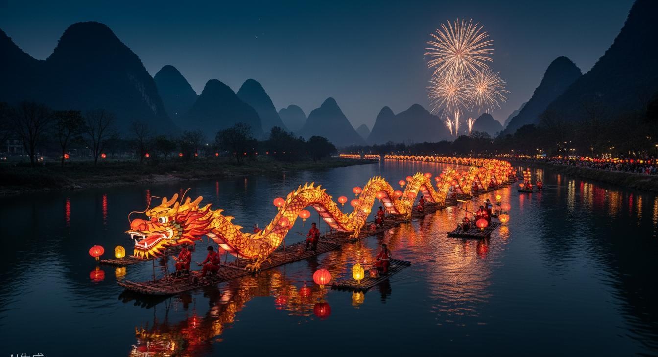 Golden Dragon Parade — bamboo rafts linked as a dragon, tracing light across the river