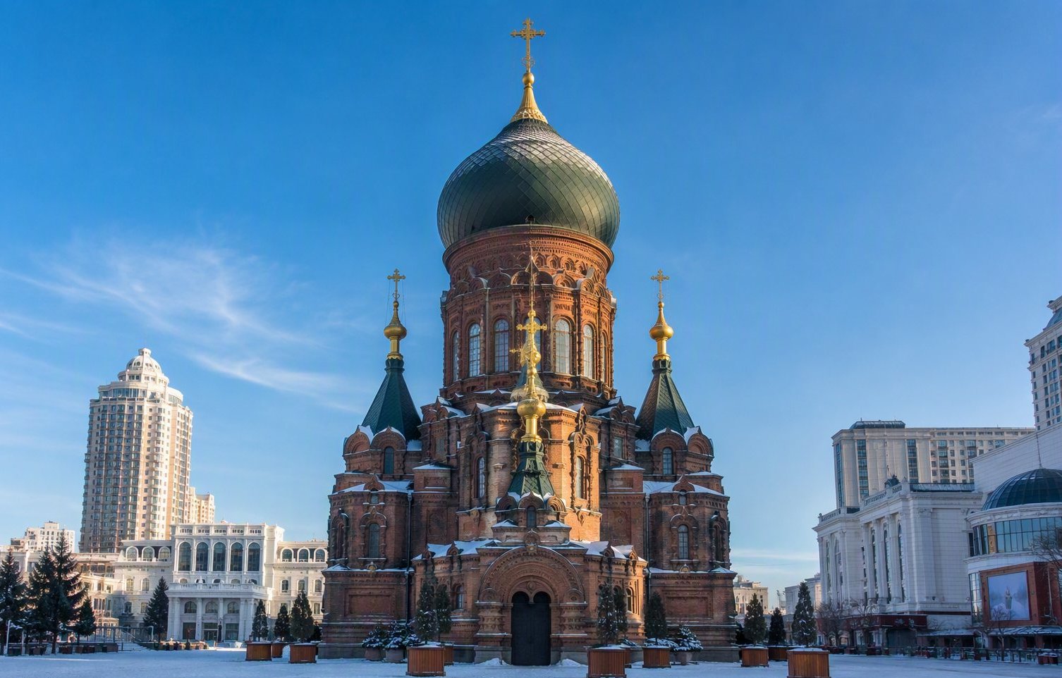 St. Sophia Cathedral — Harbin's most iconic frame, its green onion dome against the winter sky