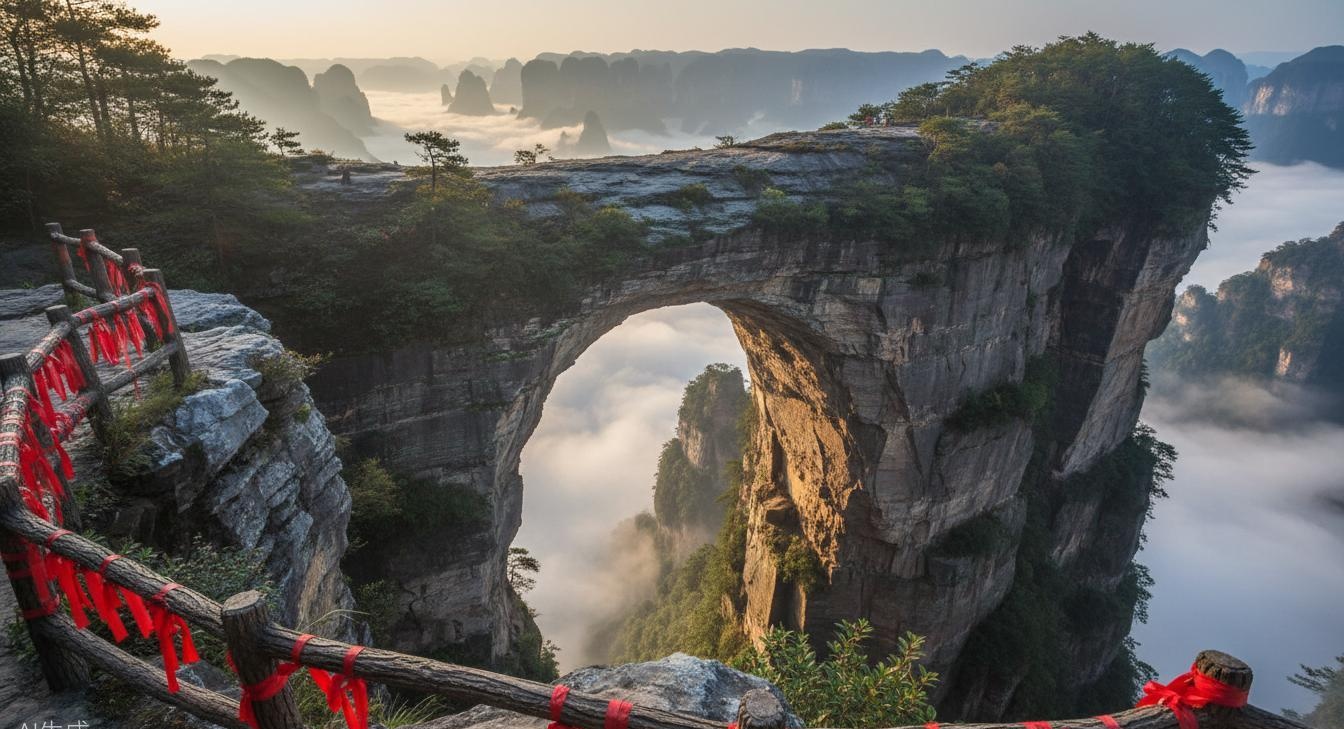 No. 1 Bridge Under Heaven — a natural stone arch connecting two pillars, red ribbons fluttering
